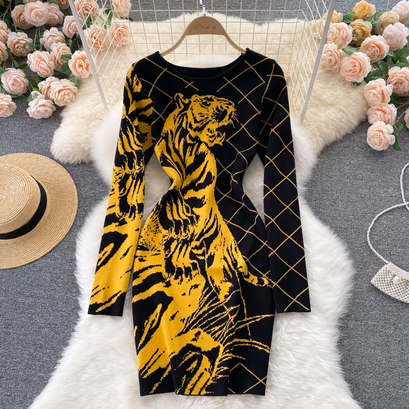 Tiger Printed Sweater Dress for Women