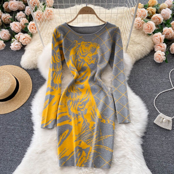 Tiger Printed Sweater Dress for Women