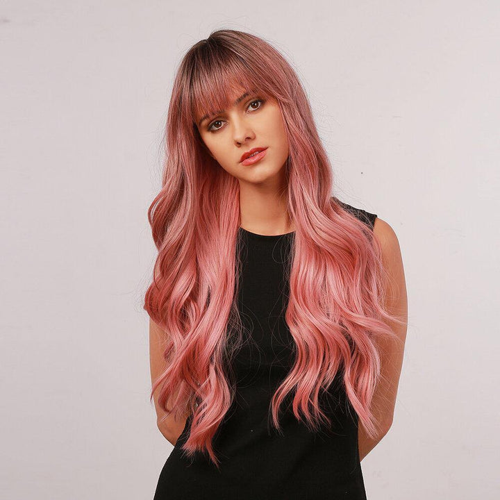 28 Inch Brown Gradient Pink Big Wave Length Curly Hair Air Bangs Christmas Full Head Cover Wig - MRSLM