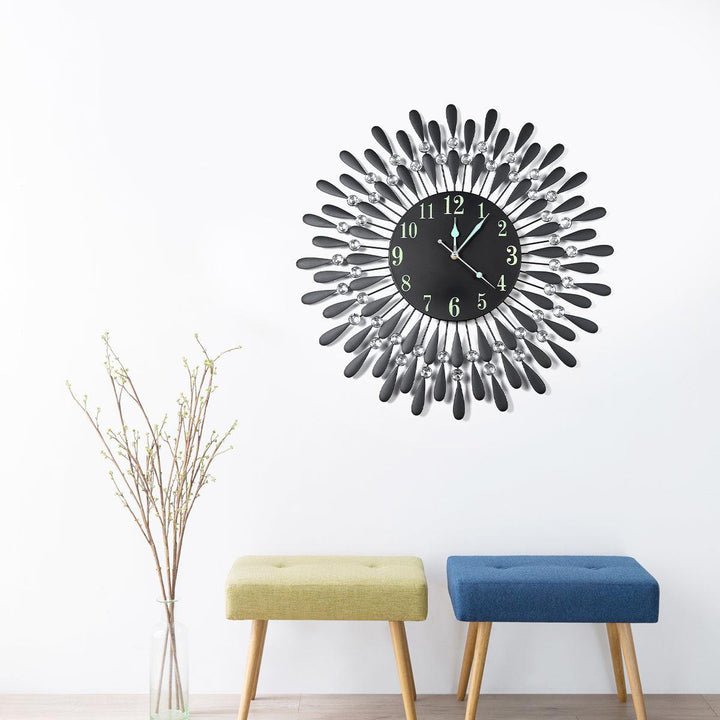 Large Modern 3D Crystal Wall Clock Luminous Retro Iron Art Round Dial Black Drops Home Office Wall Decoration - MRSLM