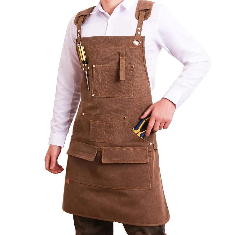 Durable Work Apron Heavy Duty Waxed Unisex Canvas Work Apron with Tool Pockets Cross-Back Straps Adjustable For Woodworking Painting - MRSLM