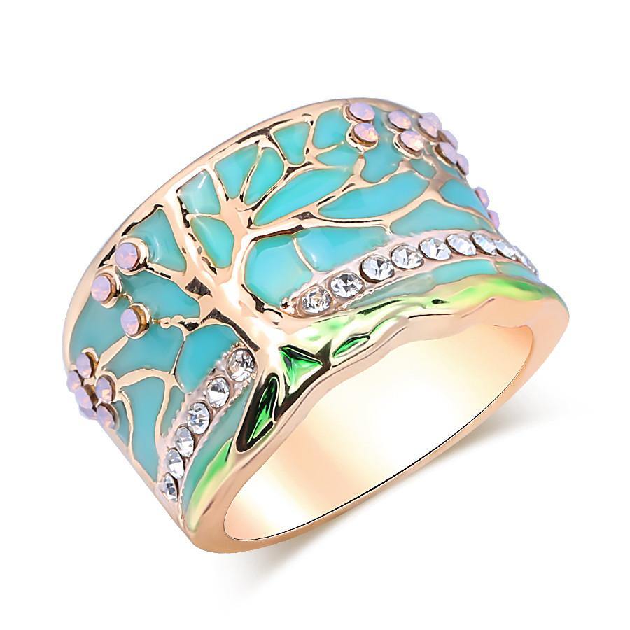 Flower Tree Rings Fashion Gold Pink Opal Green Enamel Wide Ring For woman Party Crystal Vintage Jewelry - MRSLM