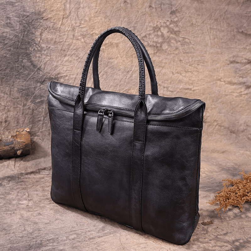 Retro Genuine Leather Men's Multi-Pocket Briefcase for 15.6 Inch Laptops - Business Handbag and Crossbody Bag - MRSLM