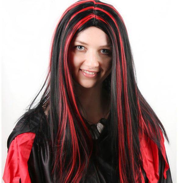 Halloween Party Full Hair Cosplay Wigs Anime Long Straight Hair Black With Red - MRSLM