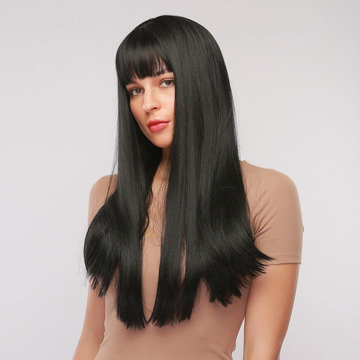 28 Inch Black Long Straight Hair Soft Natural Bangs Chemical Fiber Wig - MRSLM