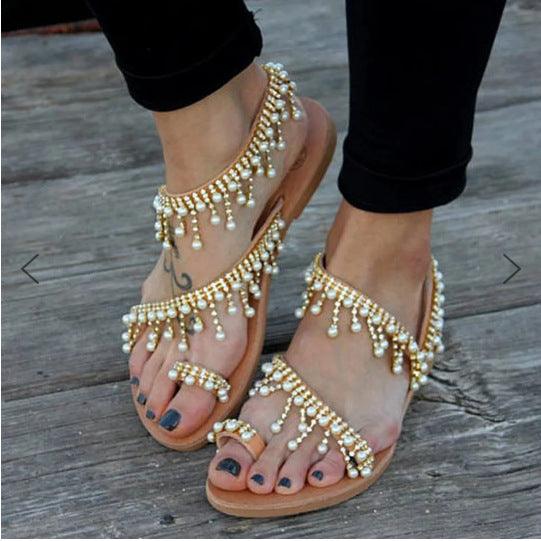 Women Sandals Flat Pearl Comfortable String Bead Slippers - MRSLM