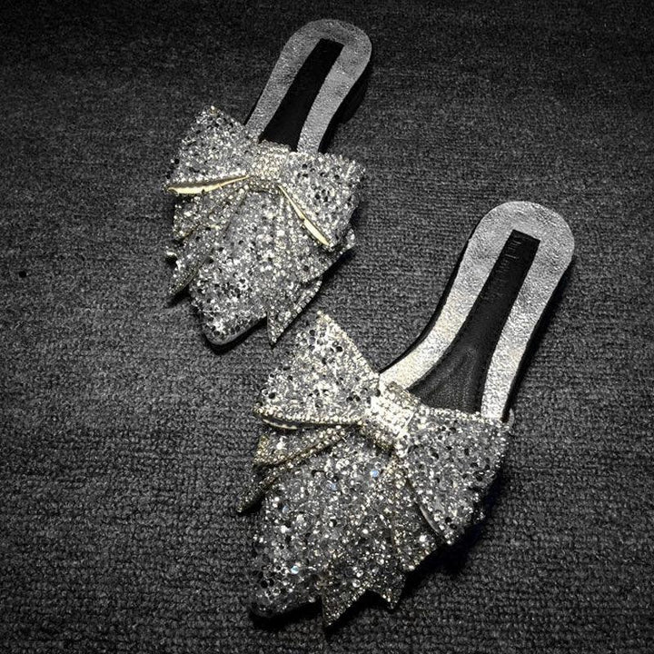 Fashion Women's Rhinestone Pointed Bow Half Slippers - MRSLM