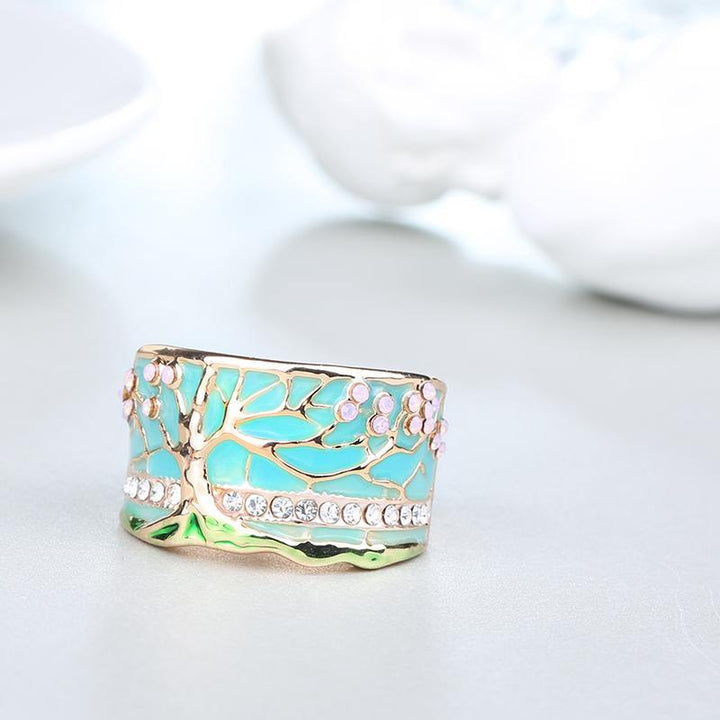 Flower Tree Rings Fashion Gold Pink Opal Green Enamel Wide Ring For woman Party Crystal Vintage Jewelry - MRSLM