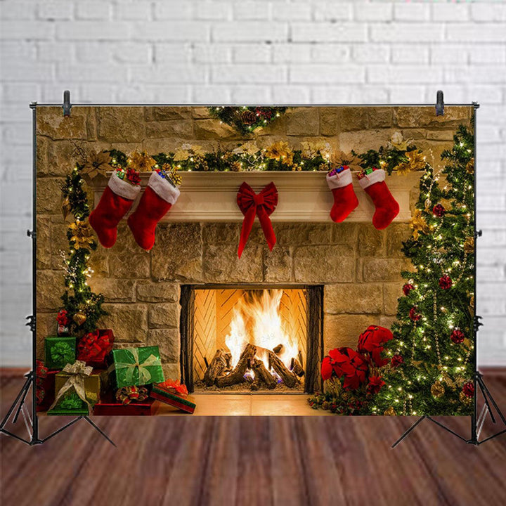 5x3FT 7x5FT 10x7FT Christmas Fireplace Red Socks Backdrop Photography Background Cloth Decoration Background Studio Prop - MRSLM