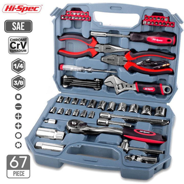 Hi-Spec 67pcs Hand Tool Set Metric Car Auto Repair Automotive Mechanics Tool Kit Home Garage Socket Wrench Tools with Tool Case - MRSLM