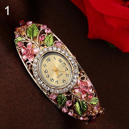 Women's Lady Beauty Crystal Colored Alloy Flower Bangle Bracelet Watch Analog Quartz - MRSLM