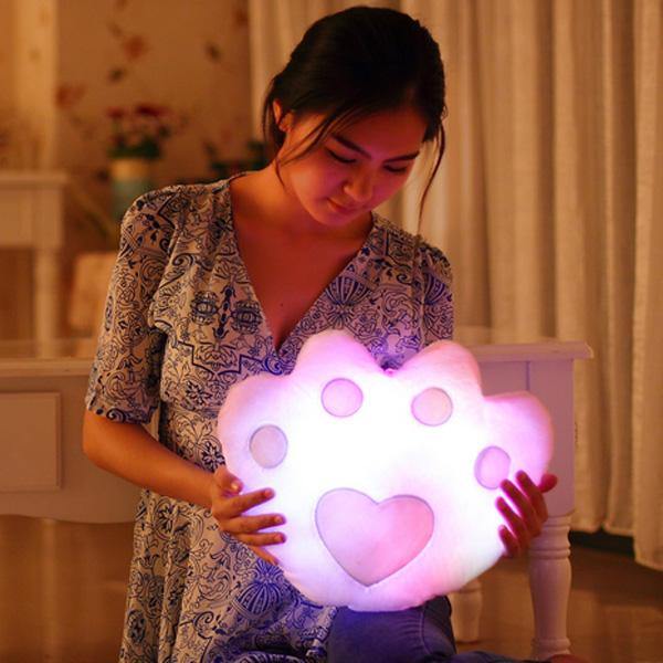 Plush Colorful LED Light Music Bear Paw Shape Throw Pillow Home Sofa Decor Festival Birthday Gift - MRSLM