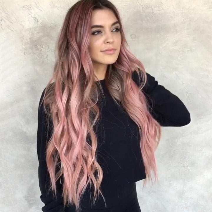 Pink Gradient Long Curly Hair High Temperature Fiber Fluffy Breathable Bangs Wigs - MRSLM
