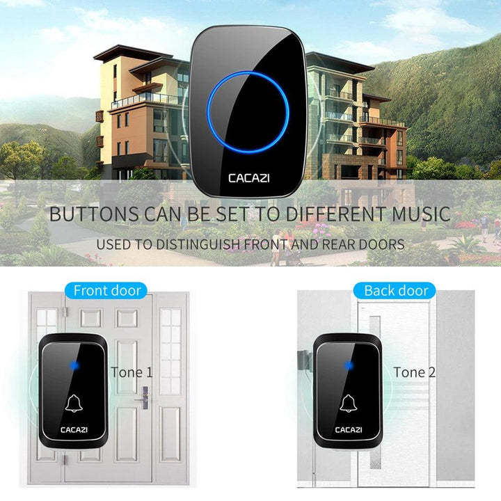 CACAZI A60 Waterproof Wireless Music Doorbell LED Light Battery 300M Remote Home Cordless Call Bell 58 Chime 1 Button 2 Receiver - MRSLM