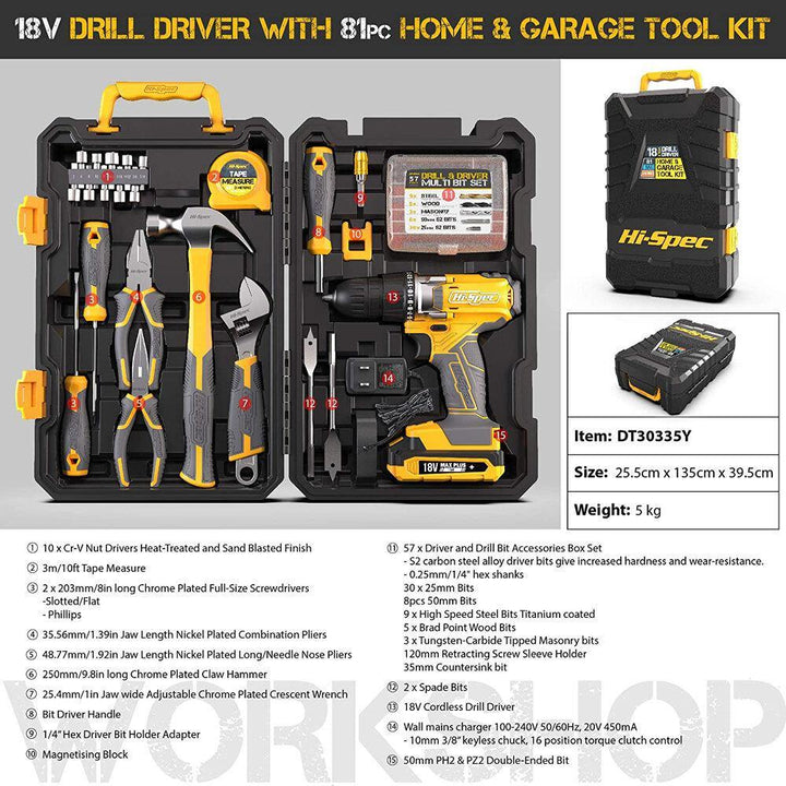 Hi-Spec 80 Piece 18V Drill Driver & Home Garage Tool Kit Set Complete DIY Repair with Electric Power Screwdriver & Drill for The Household Office & Workshop - MRSLM