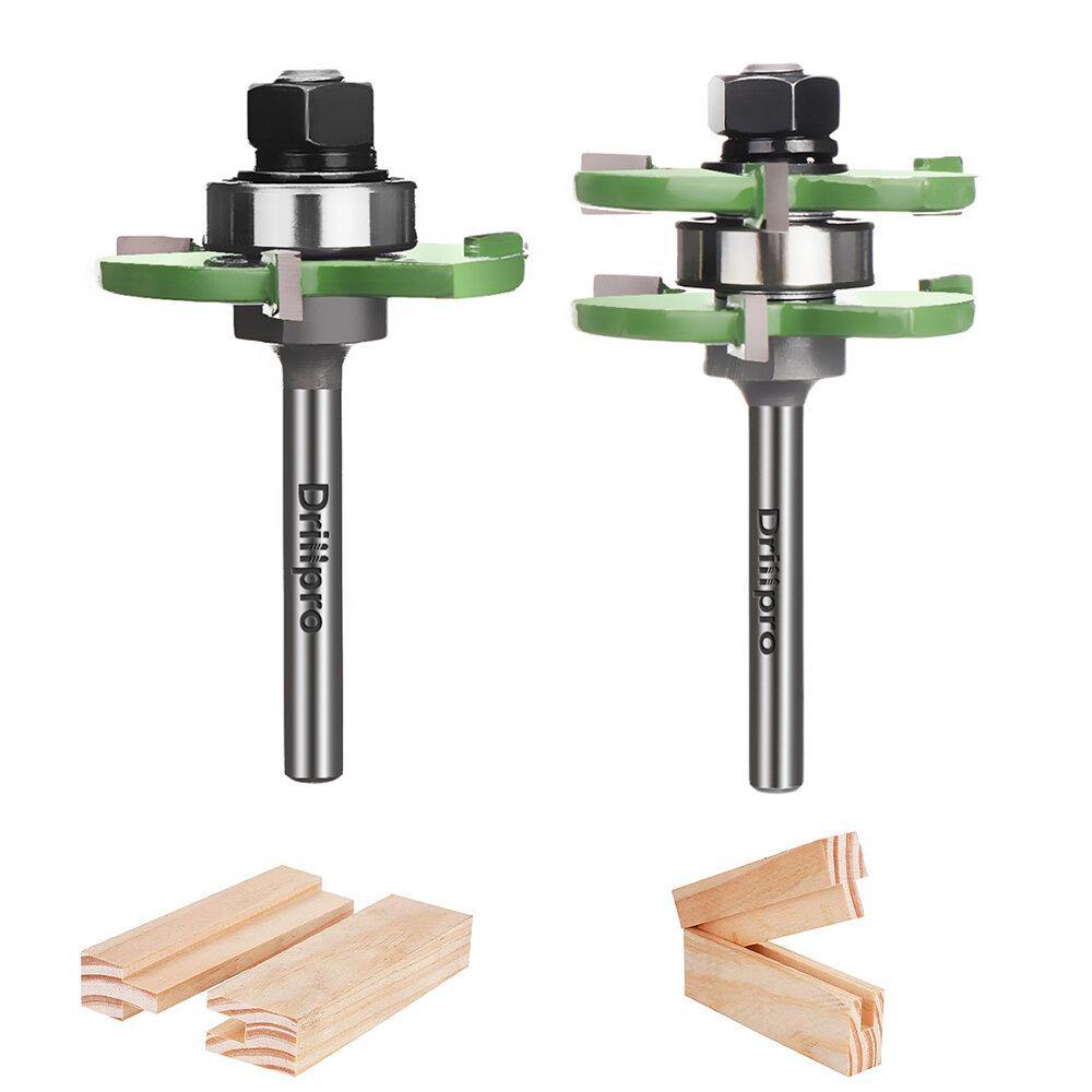 Drillpro 2pcs 1/2 or 1/4 inch Shank Tongue and Grooving Router Bit Set 3-Tooth T-Shape Adjustable Milling Cutter - MRSLM