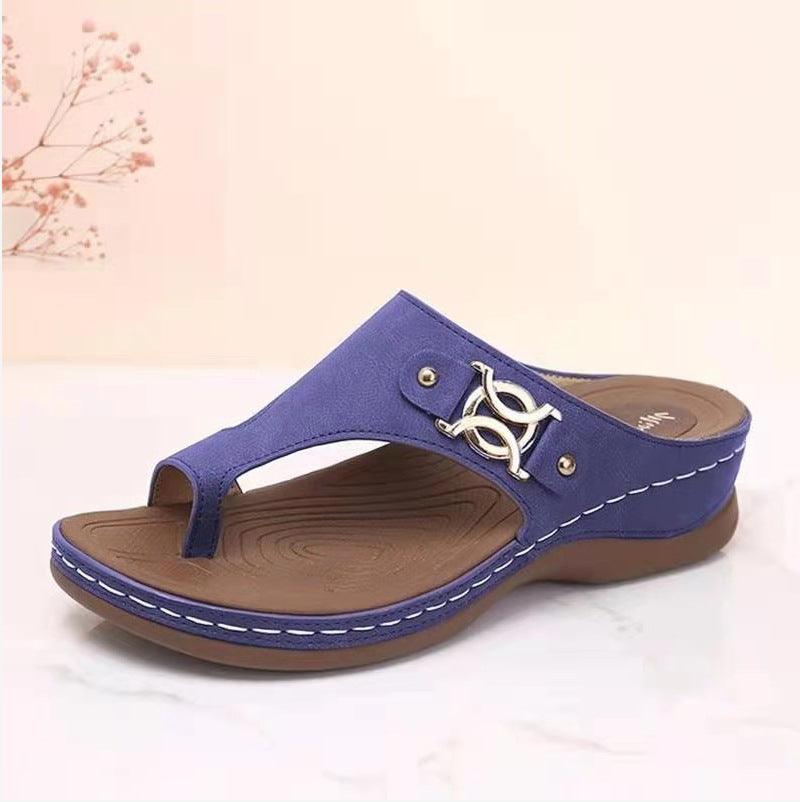 Large Size Sandals Women Summer Casual Flip Flops Wedge Heel Metal Decorative Women's Shoes - MRSLM