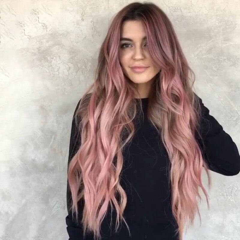 Pink Gradient Long Curly Hair High Temperature Fiber Fluffy Breathable Bangs Wigs - MRSLM