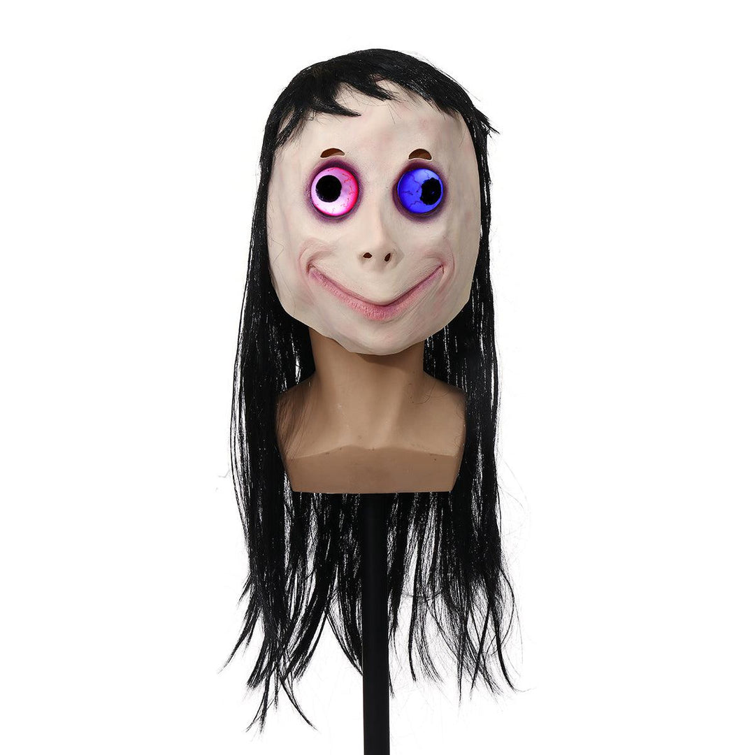 LED Scary Momo Mask Game Horror Mask Cosplay Full Head Momo Mask Big Eye With Long Wigs Halloween Party Props - MRSLM
