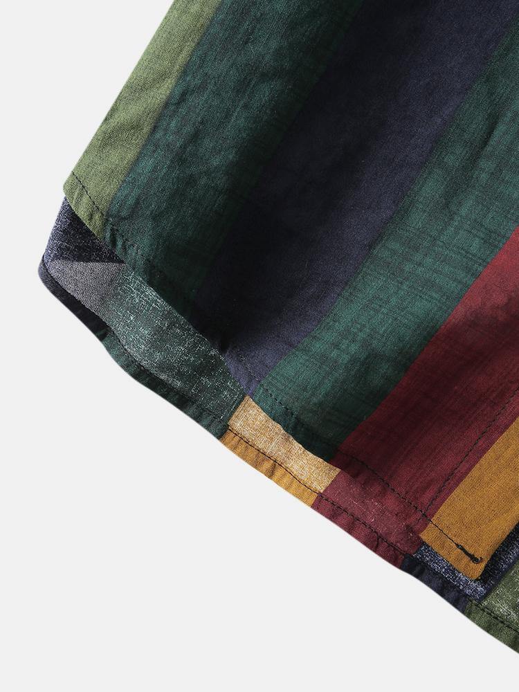 Mens 100% Cotton Colorful Stripe Patch Pocket Breathable Long Sleeve Shirts - MRSLM
