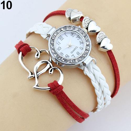 Double Heart Multilayer Cuff Bracelet Wristwatch Faux Leather Knited Bangle Watch - MRSLM