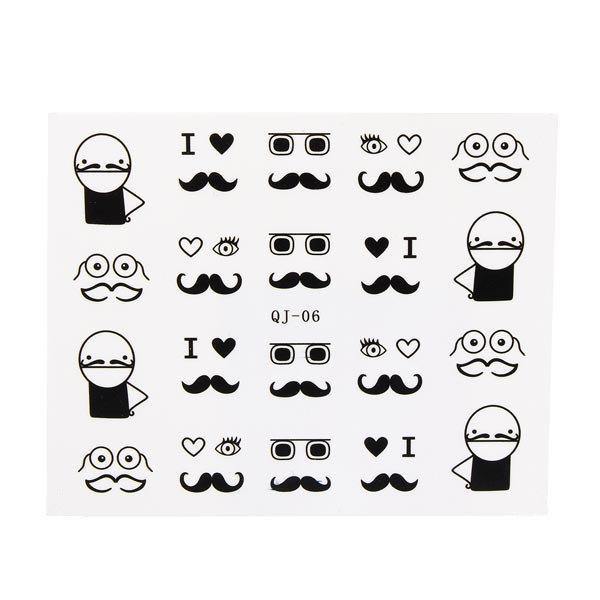 Black White Feather Mustache Lady Design Nail Sticker Decal - MRSLM