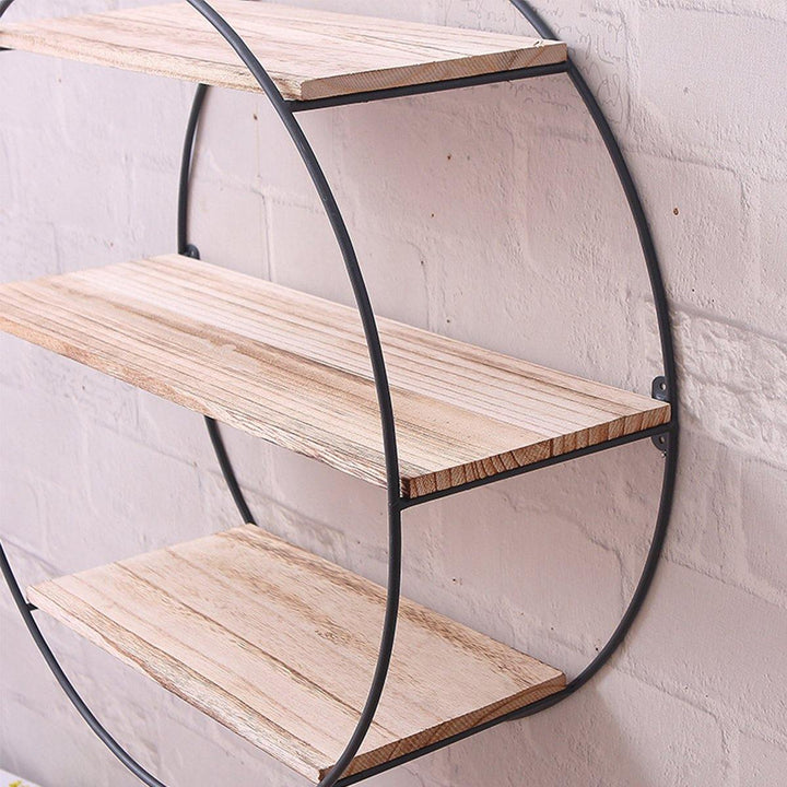 Retro Round Wood Iron Craft Wall Shelf Rack Storage Industrial Style Home Decorations - MRSLM