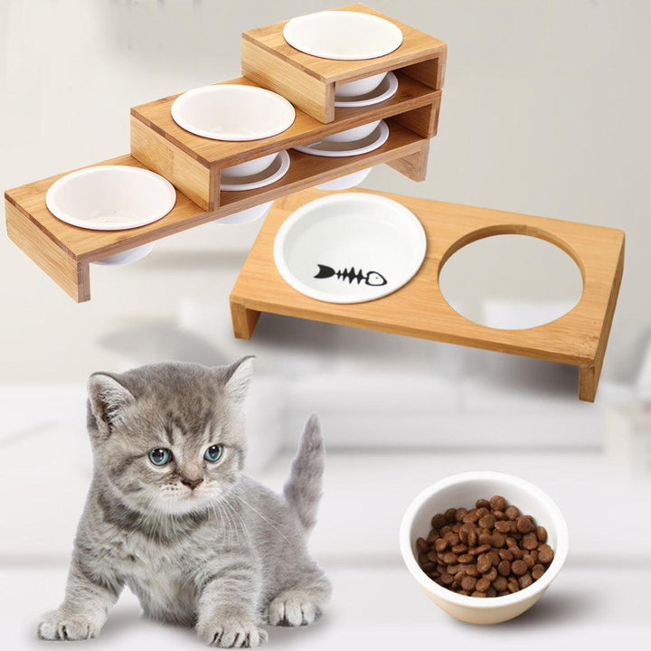 Elevated Dog Cat Bamboo Pet Feeder Ceramic Bowl Raised Stand 3 Sizes Durable - MRSLM