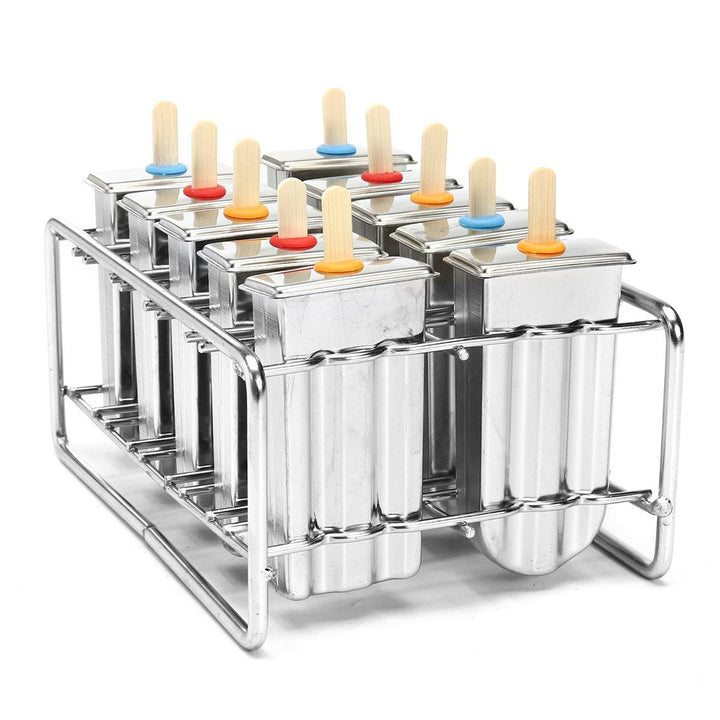 10 Molds Stainless Steel Ice Cream Popsicle Mold Lolly Popsicle w/ 100Pcs Stick Holder - MRSLM