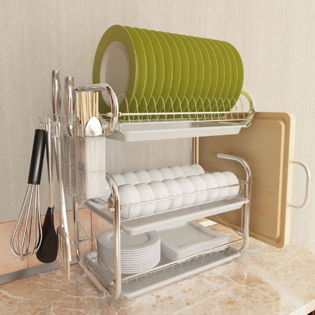 3 Tiers Kitchen Storage Dish Drainer Rack Cutlery Drying Holder Drainer Tray - MRSLM