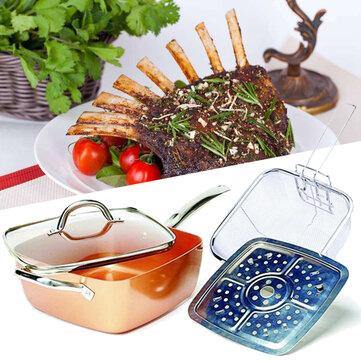 4 Piece/ Set Copper Square Frying Pan Induction For Chef Glass Lid Fry Basket Steam Rack - MRSLM