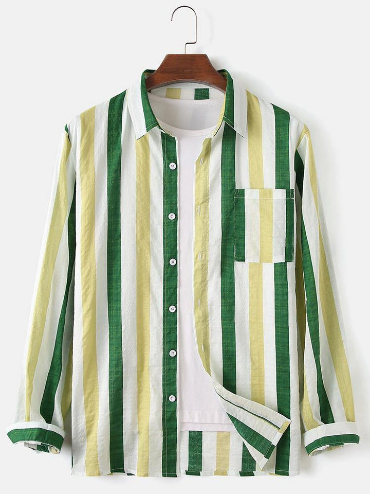 Mens 100% Cotton Colorful Stripe Patch Pocket Breathable Long Sleeve Shirts - MRSLM