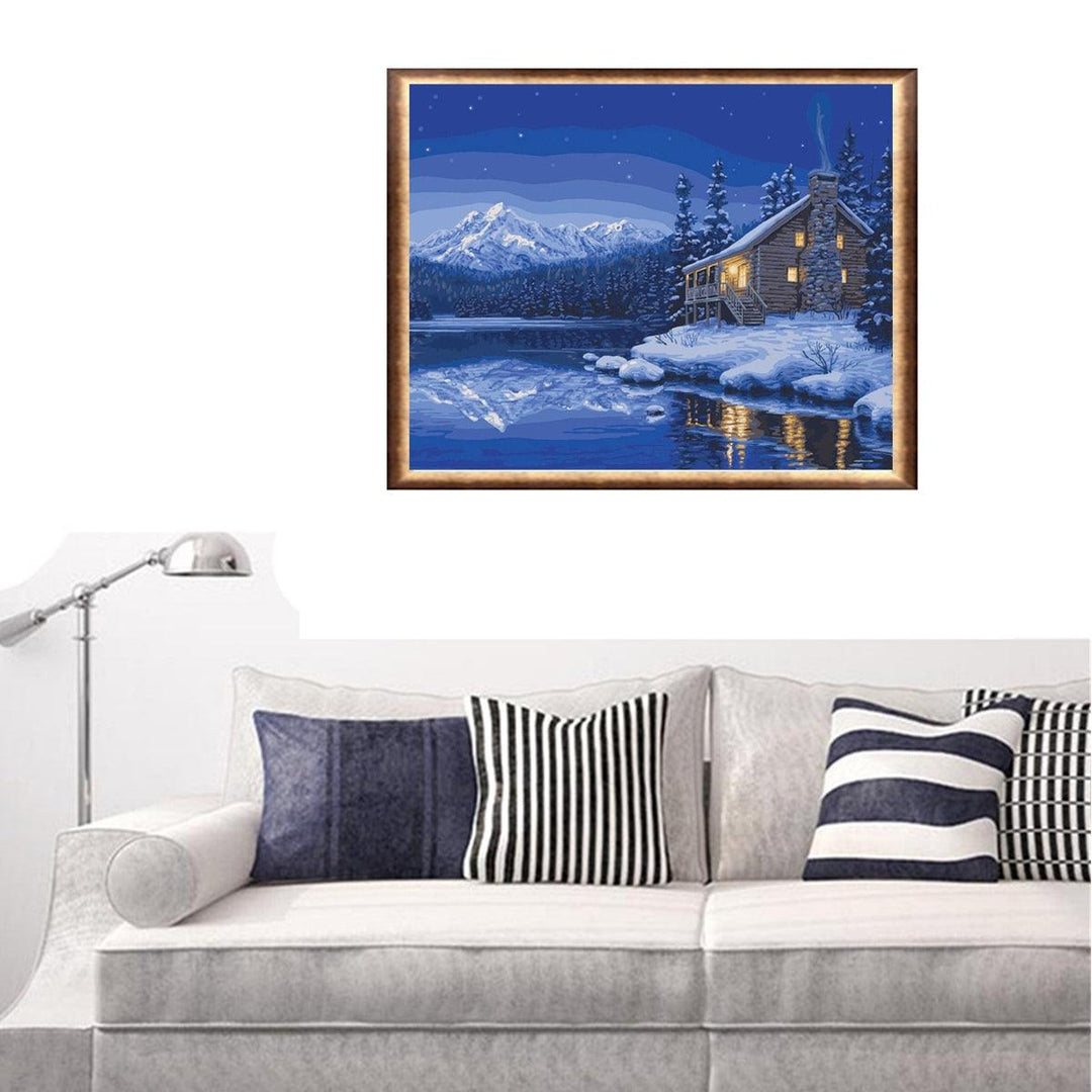DIY Painting by Numbers Canvas Lake House on a Snowy Night Hanging Picture Decor 50x40cm Home Living Supplies - MRSLM