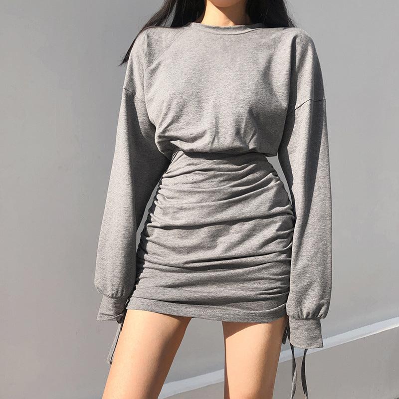 Pleated drawstring long sleeve dress - MRSLM