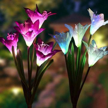 3Pc 4 Head Lily Flower Solar Light Colorful LED Decorative Outdoor Lawn Lamp Home Garden IP65 Waterproof Flower Night Light - MRSLM