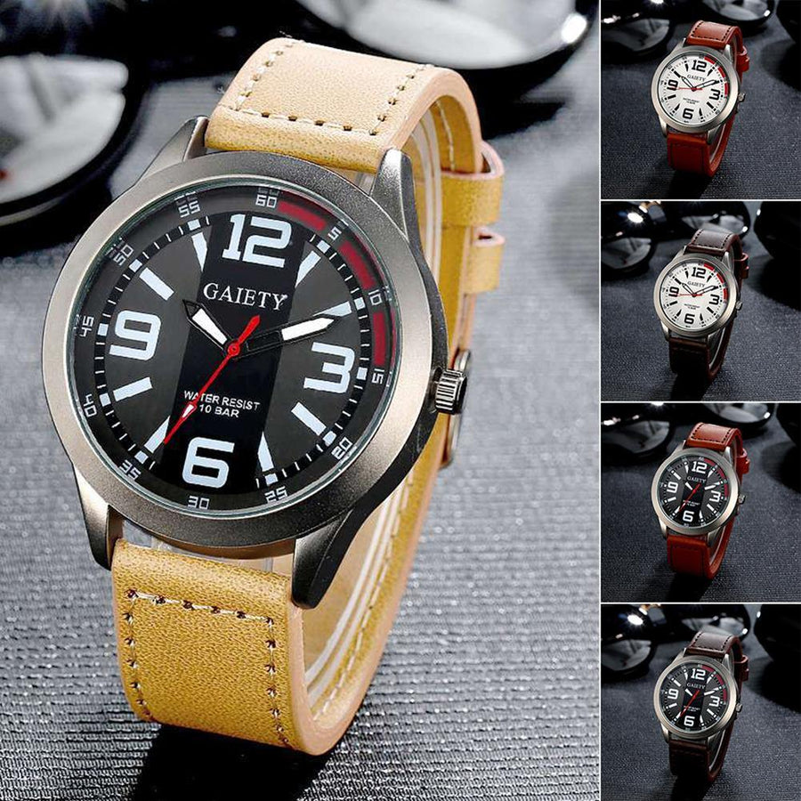 Men Fashion Cool Round Dial Faux Leather Strap Analog Quartz Wrist Watch - MRSLM
