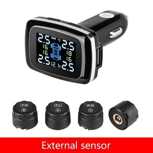 Tire Pressure Monitoring System Sensors Cigarette Lighter USB port Auto Security Alarm Systems Tire Pressure (Black) - MRSLM