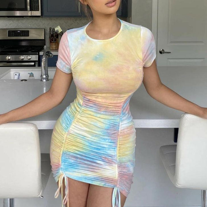 Tie-dye ruched sexy slim dress - MRSLM