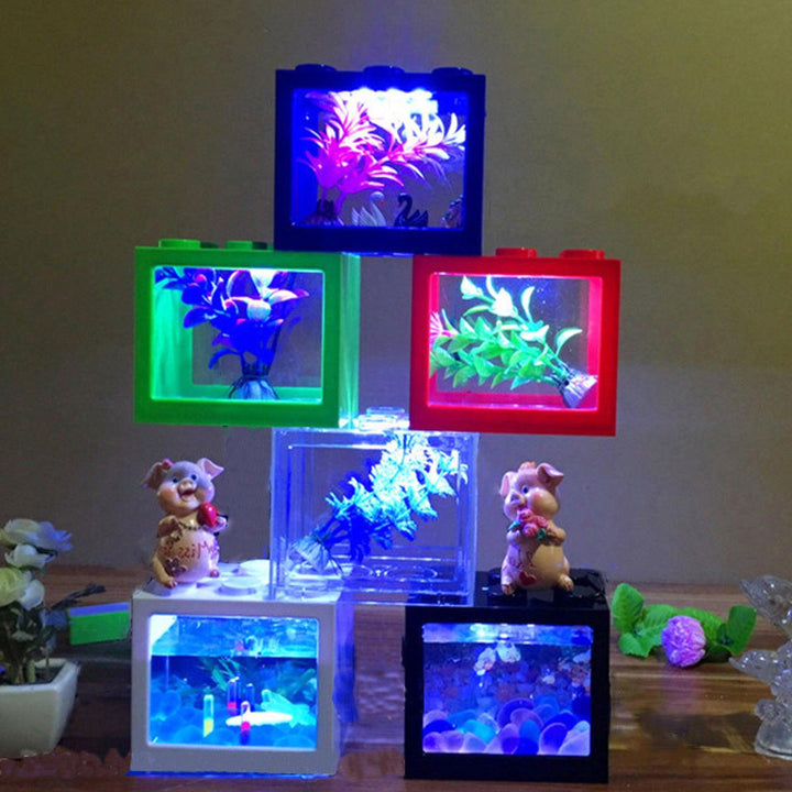 Colorful Clear Mini Fish Tank Aquarium LED Light Office Desktop Ornament Decor - MRSLM