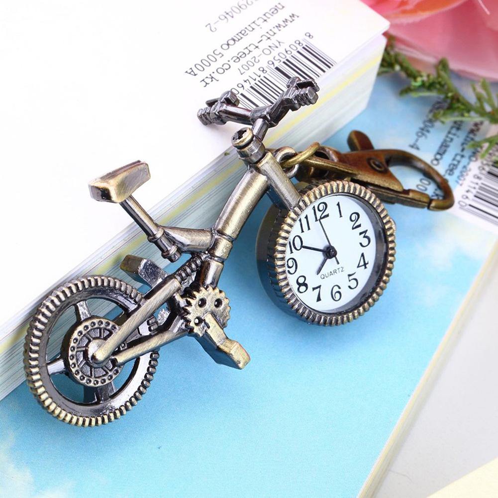 Vintage Bronze Bike Keychain Clock Quartz Pocket Pendant Watch Keychain Gift - MRSLM