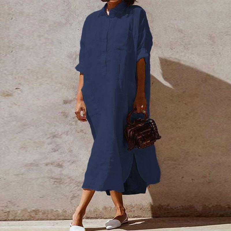 Elegant Solid Color Slit Dress Long Shirt Dress - MRSLM