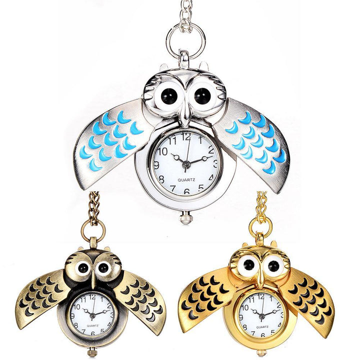 Antique Cartoon Owl Wing Pocket Watch Quartz Analog Pendant Necklace Xmas Gift - MRSLM