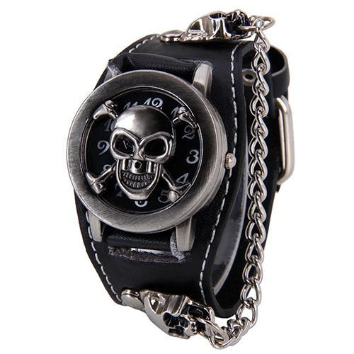 Men Black Punk Rock Chain Skull Faux Leather Bracelet Cuff Gothic Wrist Watch - MRSLM