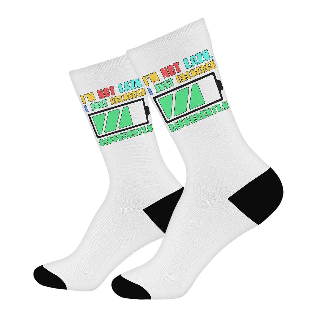 I am Not Lazy Socks - Printed Novelty Socks - Best Design Crew Socks - MRSLM