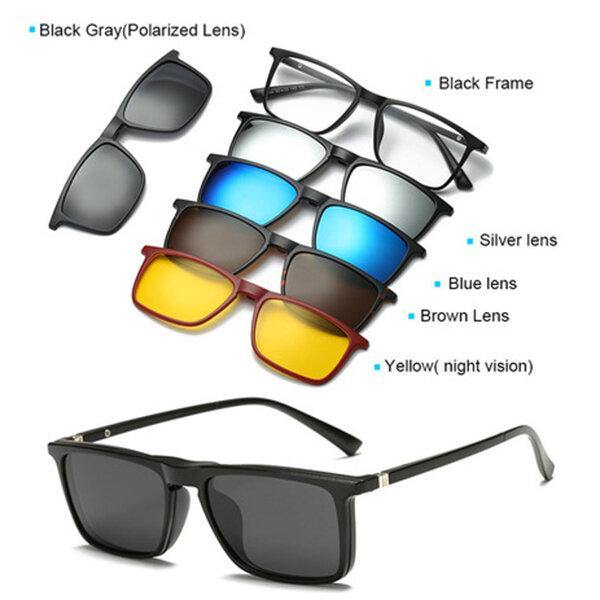 5 in 1 TR-90 Polarized Magnetic Glasses Clip On Magnetic Lens Sunglasses UV-proof Night Vision with Leather Bag - MRSLM
