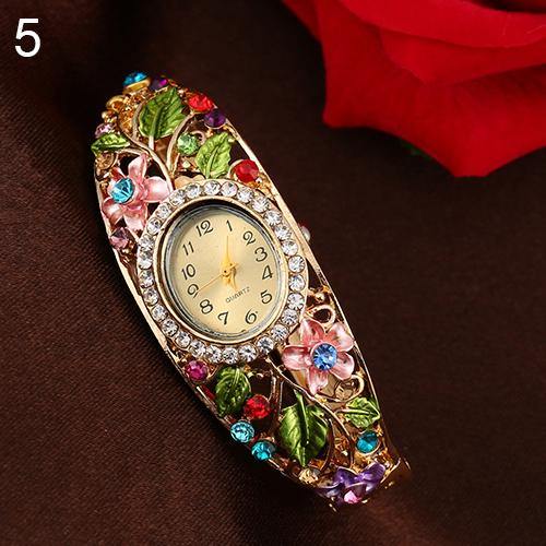 Women's Lady Beauty Crystal Colored Alloy Flower Bangle Bracelet Watch Analog Quartz - MRSLM