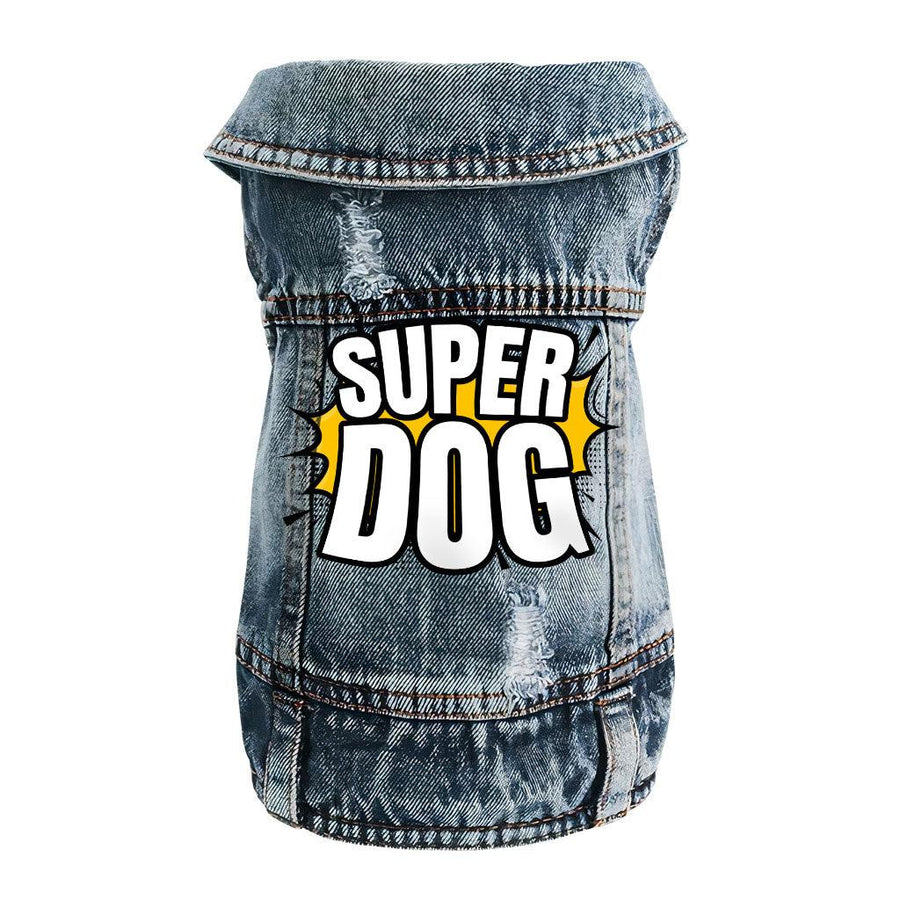 Super Dog Denim Vest - Colorful Dog Denim Jacket - Graphic Dog Clothing - MRSLM