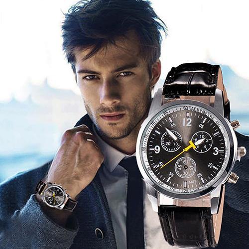 Men's Fashion Faux Leather Strap Round Dial Analog Casual Wrist Watch Xmas Gift - MRSLM