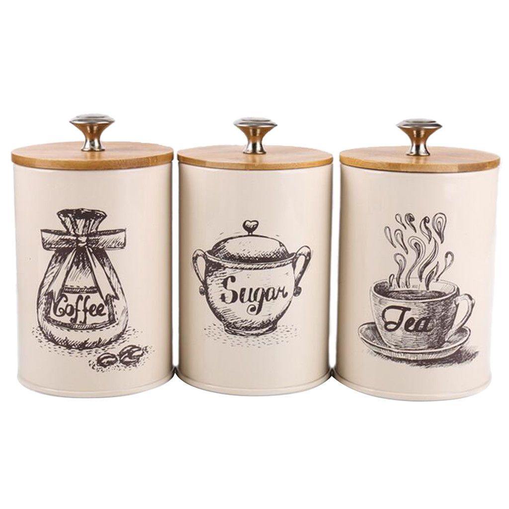 3Pcs Retro Tea Coffee Sugar Canisters Jars Pots Tins Kitchen Storage Container - MRSLM