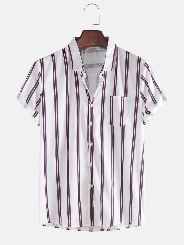 Mens Fashion Breathable Multi Colors Stripe Chest Pocket Short Sleeve Casual Shirts - MRSLM